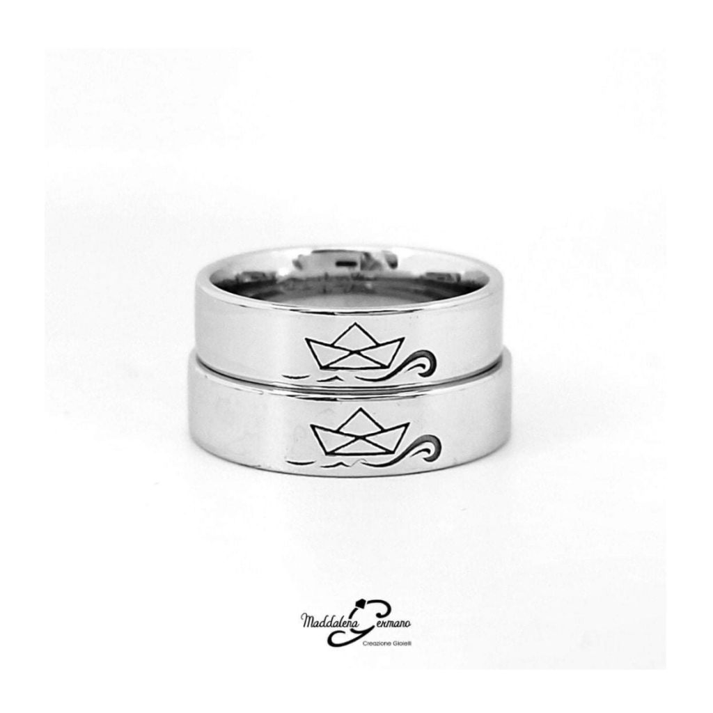 Fedi Nuziali oro bianco 18 kt - Fedi Nuziali personalizzate matrimonio tema viaggio