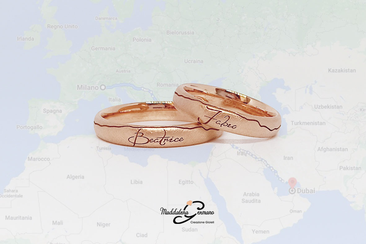 Fedi Nuziali tragitto Italia Dubaii tema matrimonio viaggi oro rosa 18 carati - Maddalena Germano-